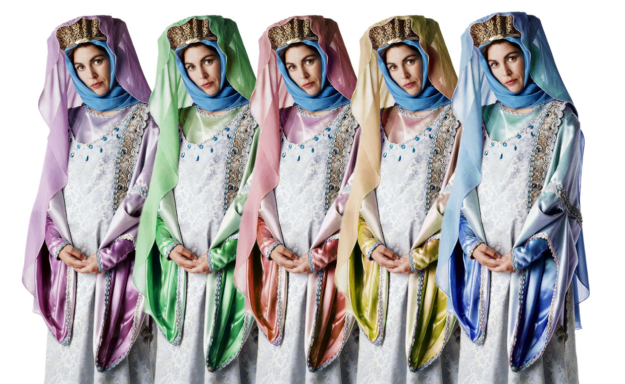 A royal woman duplicated in purple, green, orange, yellow, and blue