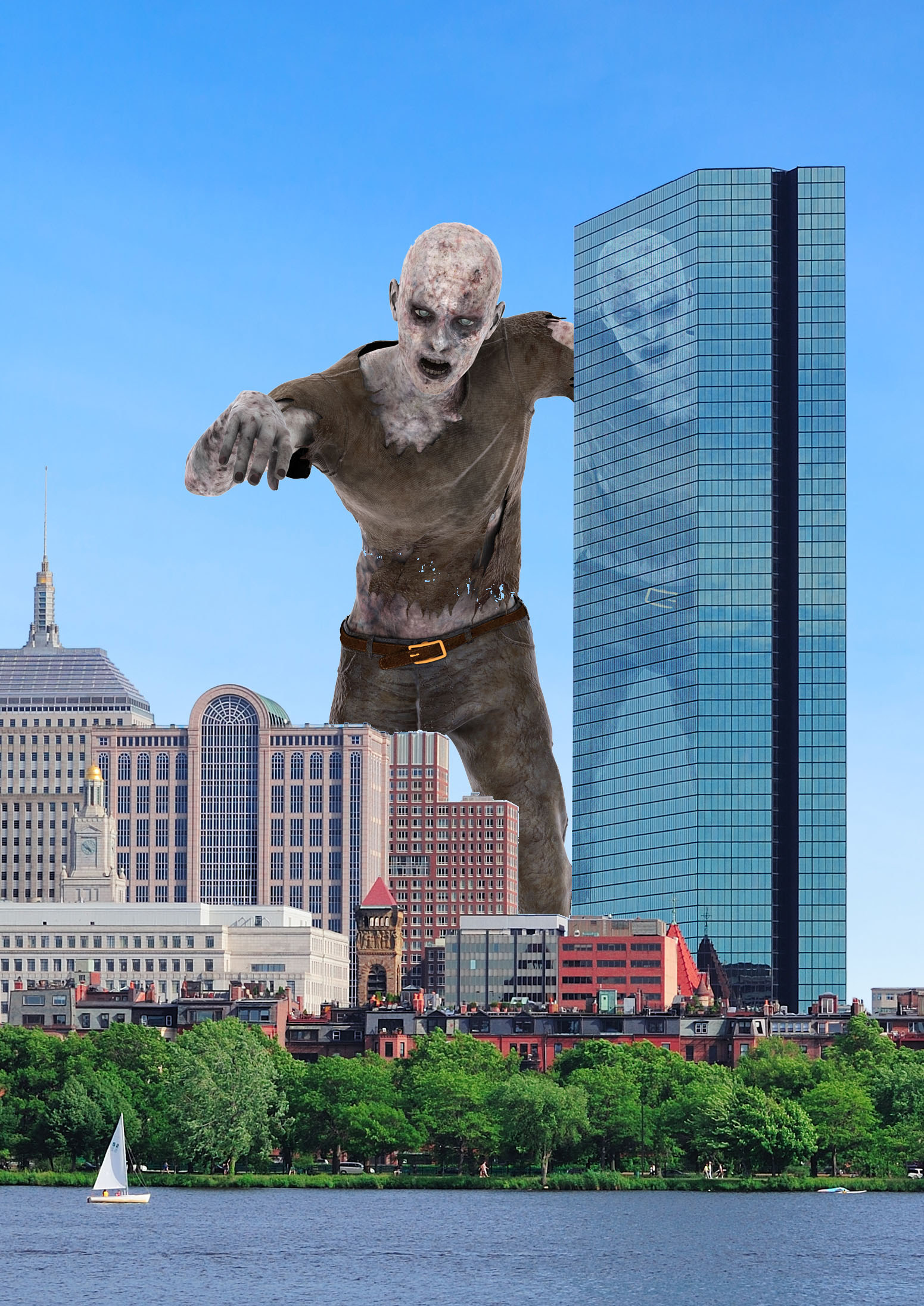 A image of a giant zombie leaning on a hancock tower while screaming towards the viewer