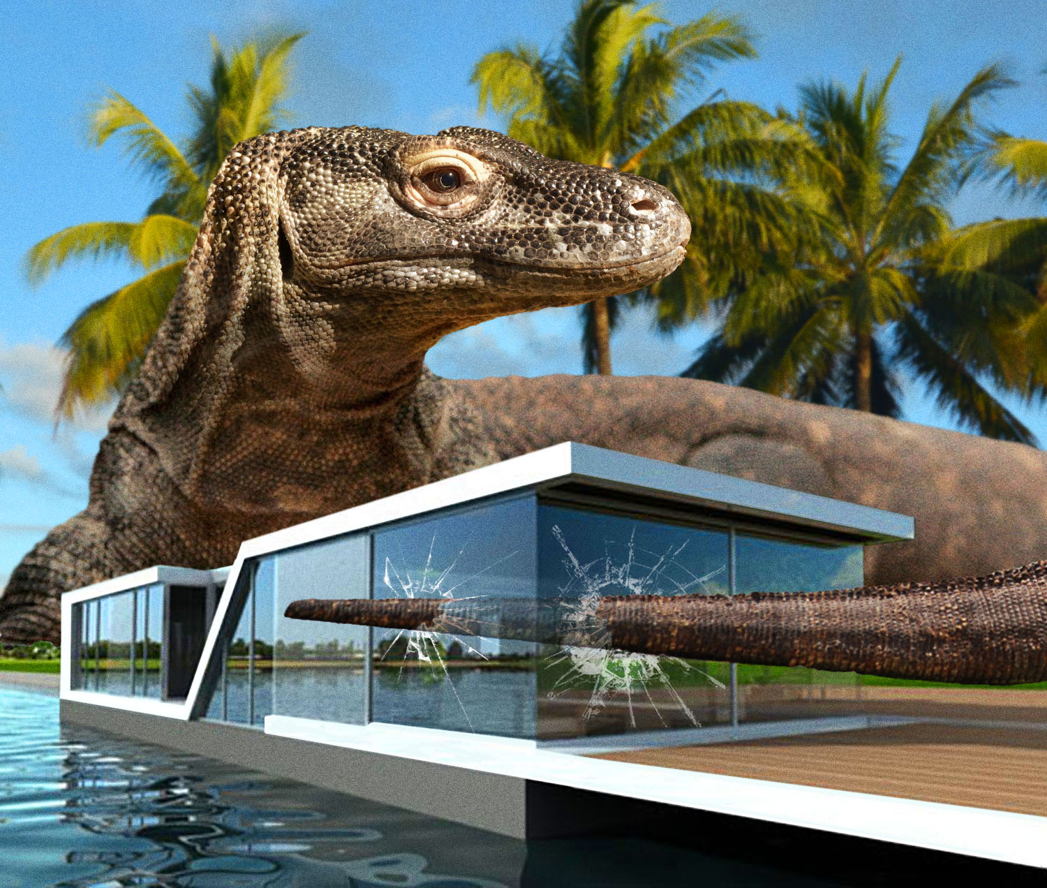 A komodo dragon breaking a glass window with its tail